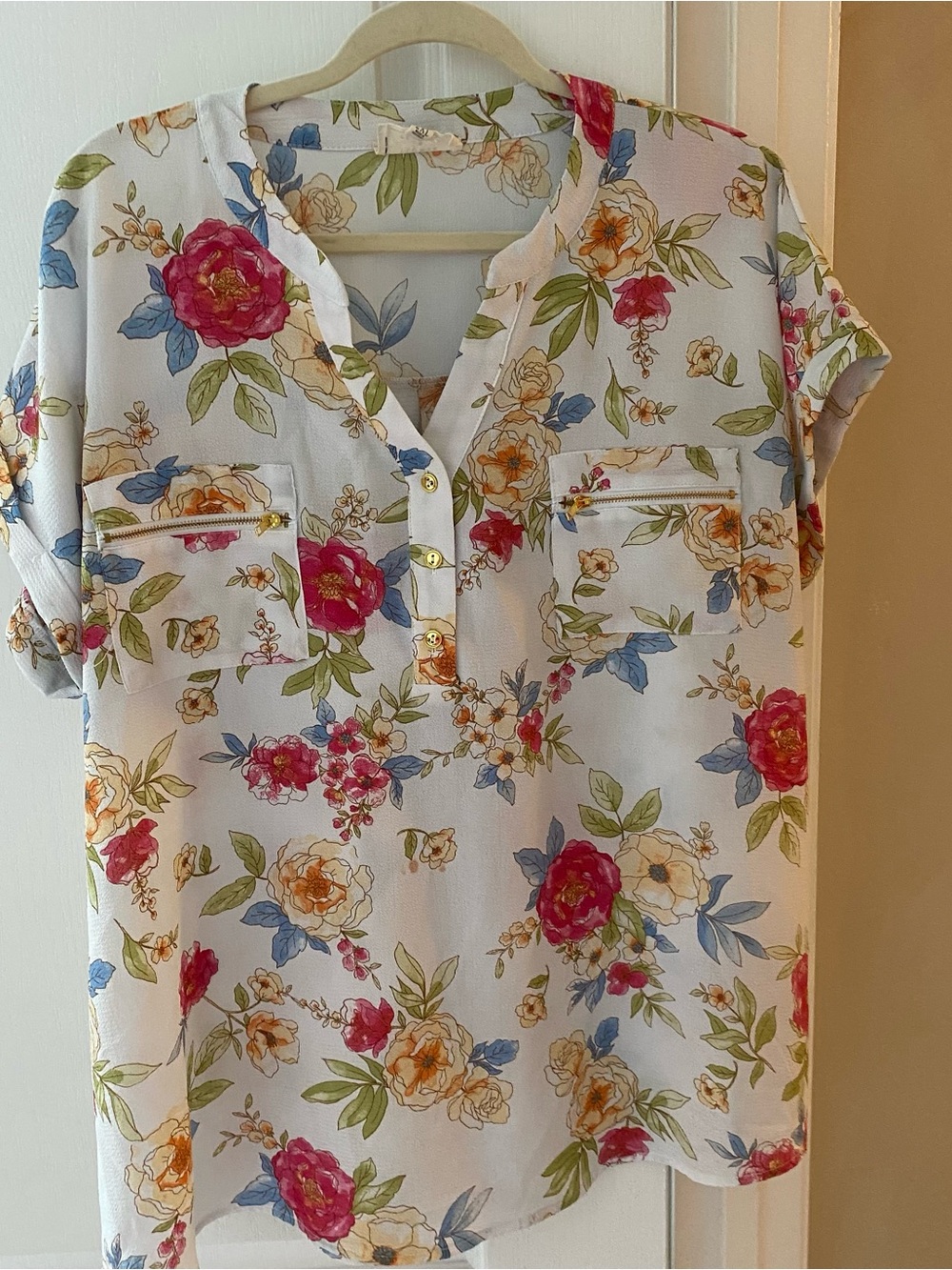 White Floral Short-Sleeve V-Neck Blouse with Pink & Yellow Flowers